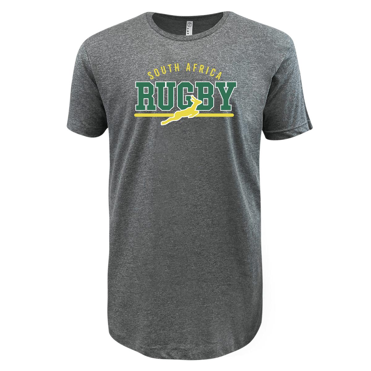 Nations of Rugby South Africa Wordmark Supersoft Tee by WRS LAT in gray, featuring "South Africa Rugby" in green and yellow lettering on the front.