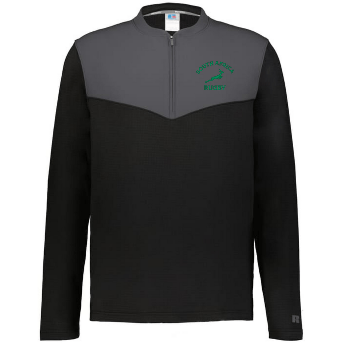 The EMB Augusta Nations of Rugby South Africa Sideline Grid 1/4 Zip Pullover is a black and gray long-sleeve fleece with a green "South Africa Rugby" springbok logo on the left chest.