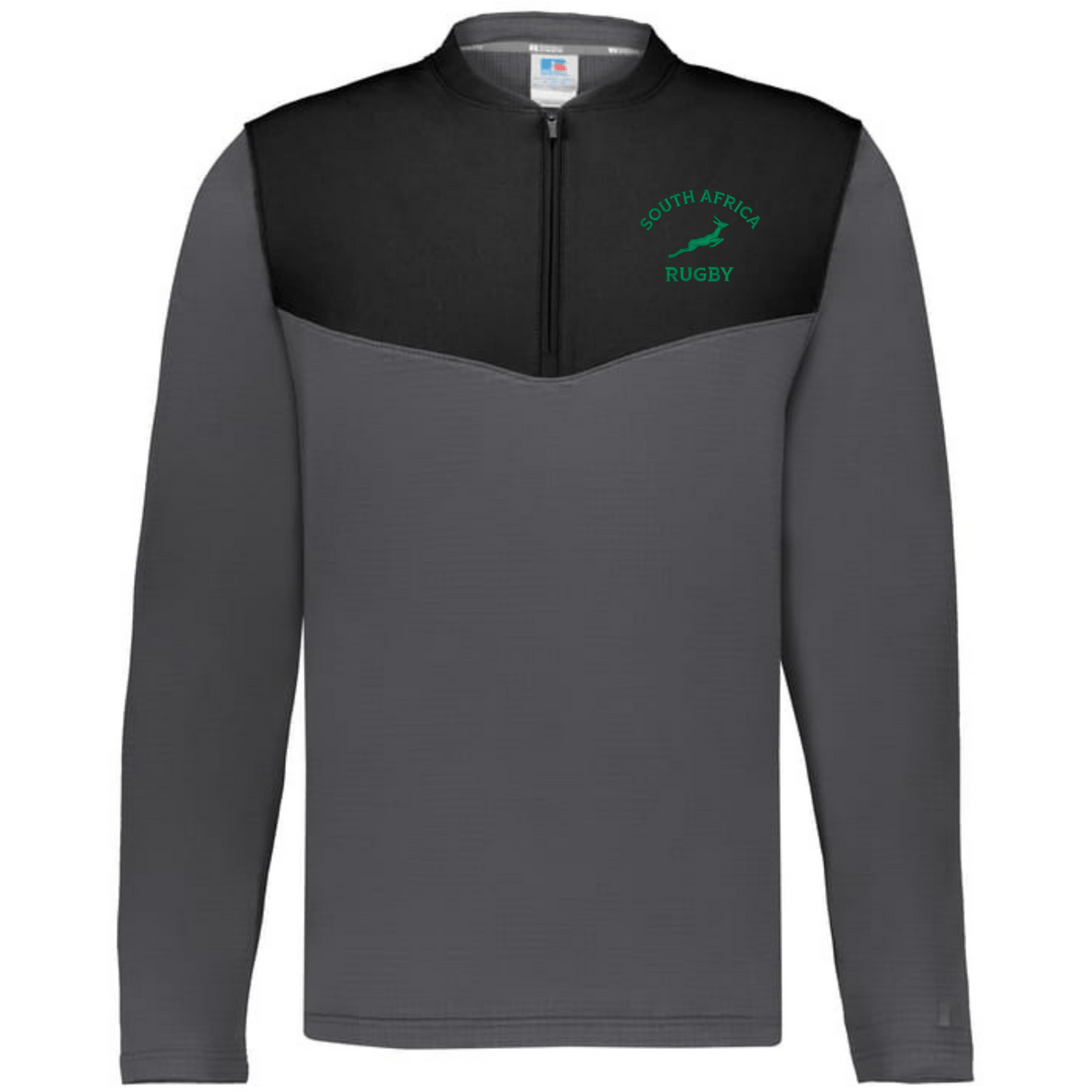 The EMB Augusta Nations of Rugby South Africa Sideline Grid 1/4 Zip Pullover features a gray and black fleece design with "South Africa Rugby" and a green springbok logo on the left chest.