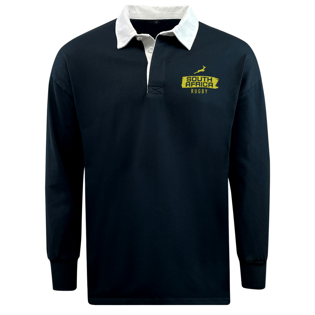 The EMB Mudoo Nations of Rugby South Africa Brush Stroke Classic Jersey 24 is a long-sleeve rugby shirt with a white collar and yellow "South Africa Rugby" logo on the chest, blending fan comfort with classic style.