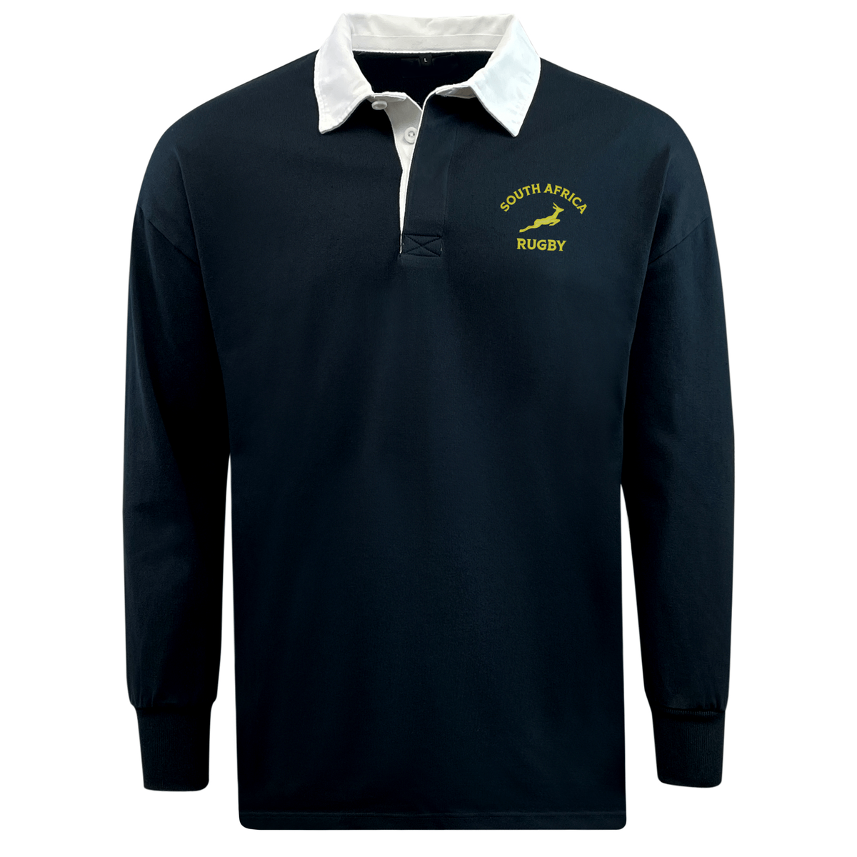 The EMB Mudoo Nations of Rugby South Africa Rugby Classic Jersey 24 is a long-sleeve dark green jersey with a white collar, springbok emblem on the left chest, and yellow "South Africa Rugby" logo—crafted for fan comfort.