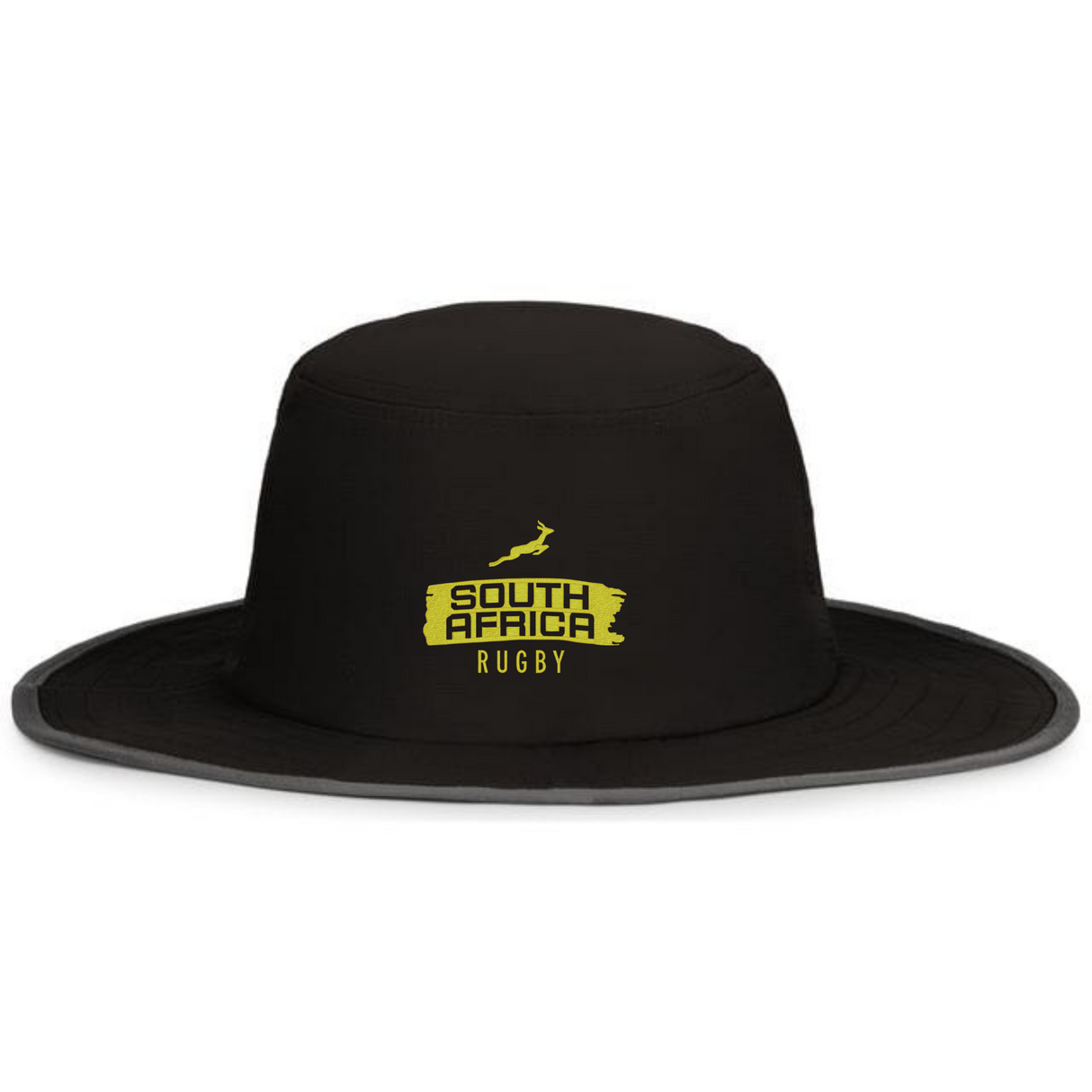 The EMB Augusta Nations of Rugby South Africa Brush Stroke Boonie Hat is black, features moisture-wicking fabric, and displays a yellow "South Africa Rugby" logo with a springbok icon on the front.