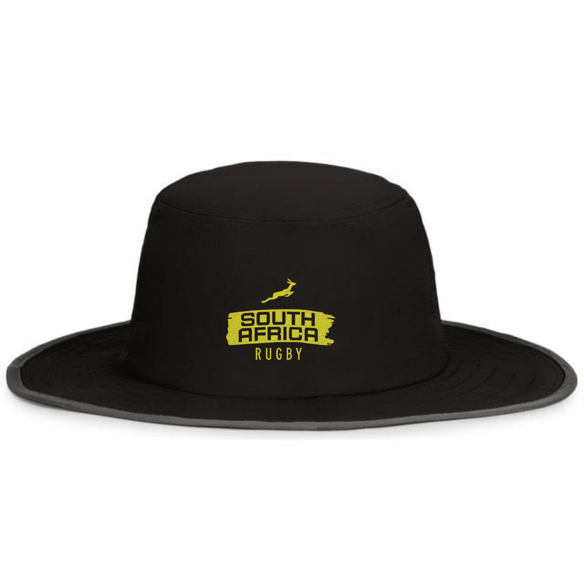 The EMB Augusta Nations of Rugby South Africa Brush Stroke Boonie Hat is black, features moisture-wicking fabric, and displays a yellow "South Africa Rugby" logo with a springbok icon on the front.