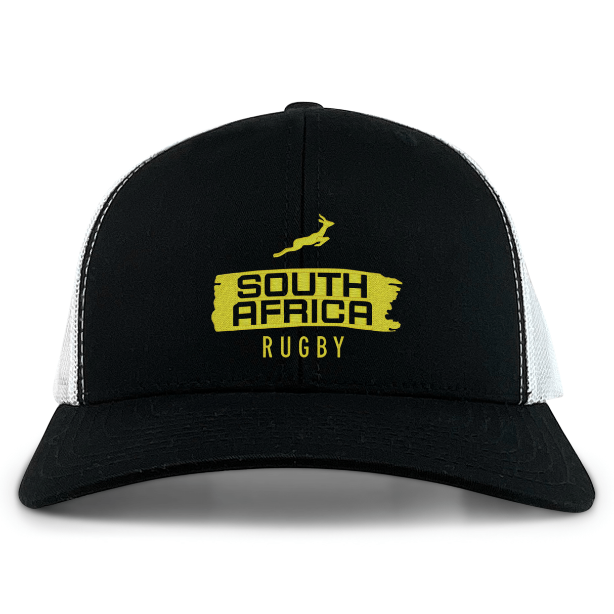 The Nations of Rugby South Africa Brush Stroke Retro Trucker Cap by EMB S&S Activewear features a black and white design with "South Africa Rugby" and a yellow springbok logo—ideal for any rugby fan.