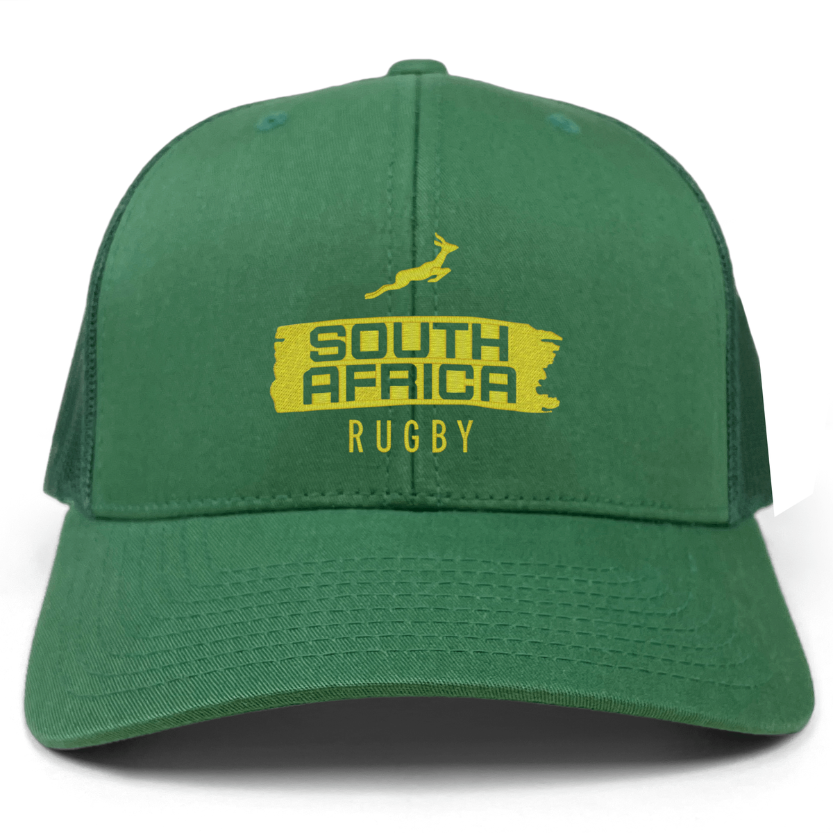 The EMB S&S Activewear Nations of Rugby South Africa Brush Stroke Retro Trucker Cap features bold "SOUTH AFRICA RUGBY" text and a springbok logo—an ideal addition to any rugby supporter's collection.