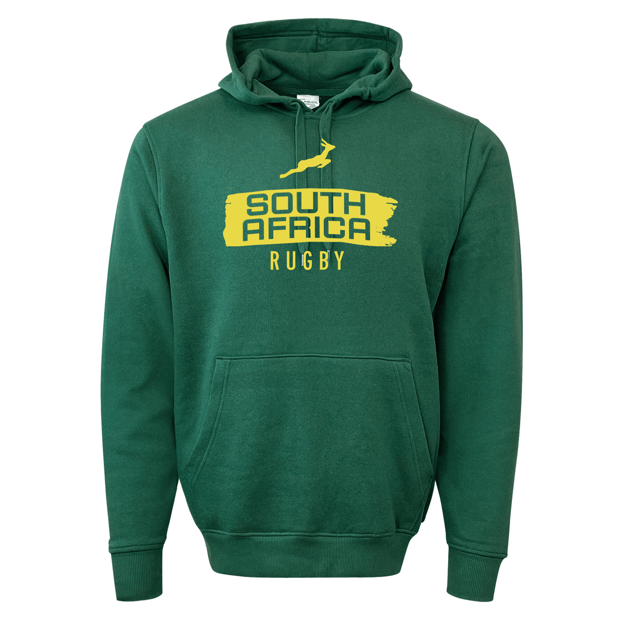 A green hoodie with a heat pressed Nations of Rugby South Africa Brush Stroke logo on the front by WRS Augusta.
