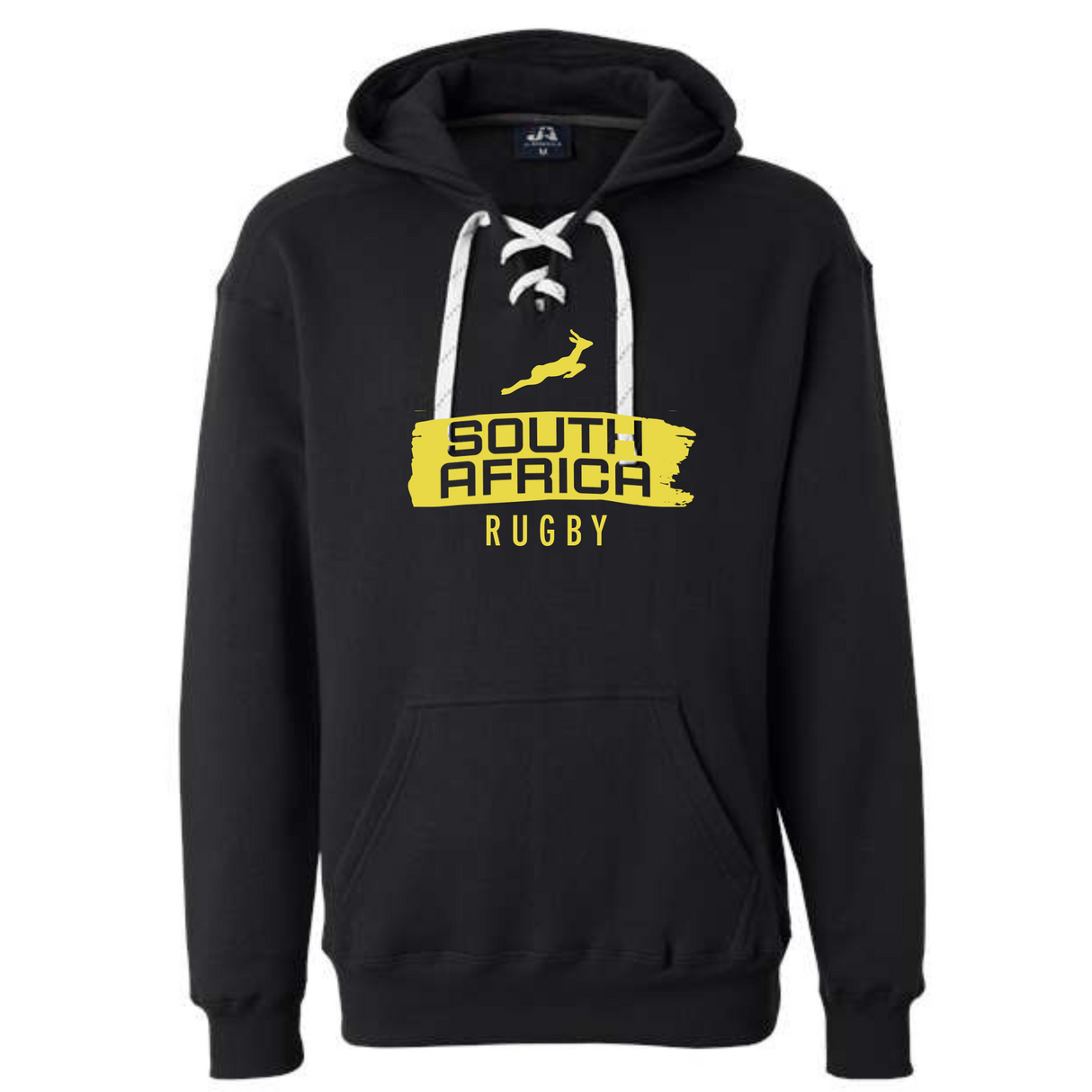 The WRS S&S Activewear Nations of Rugby South Africa Brush Stroke Hockey Hoodie 24 is black with white lace-up drawstrings, a yellow "South Africa Rugby" logo, and a small Springbok emblem on the chest.