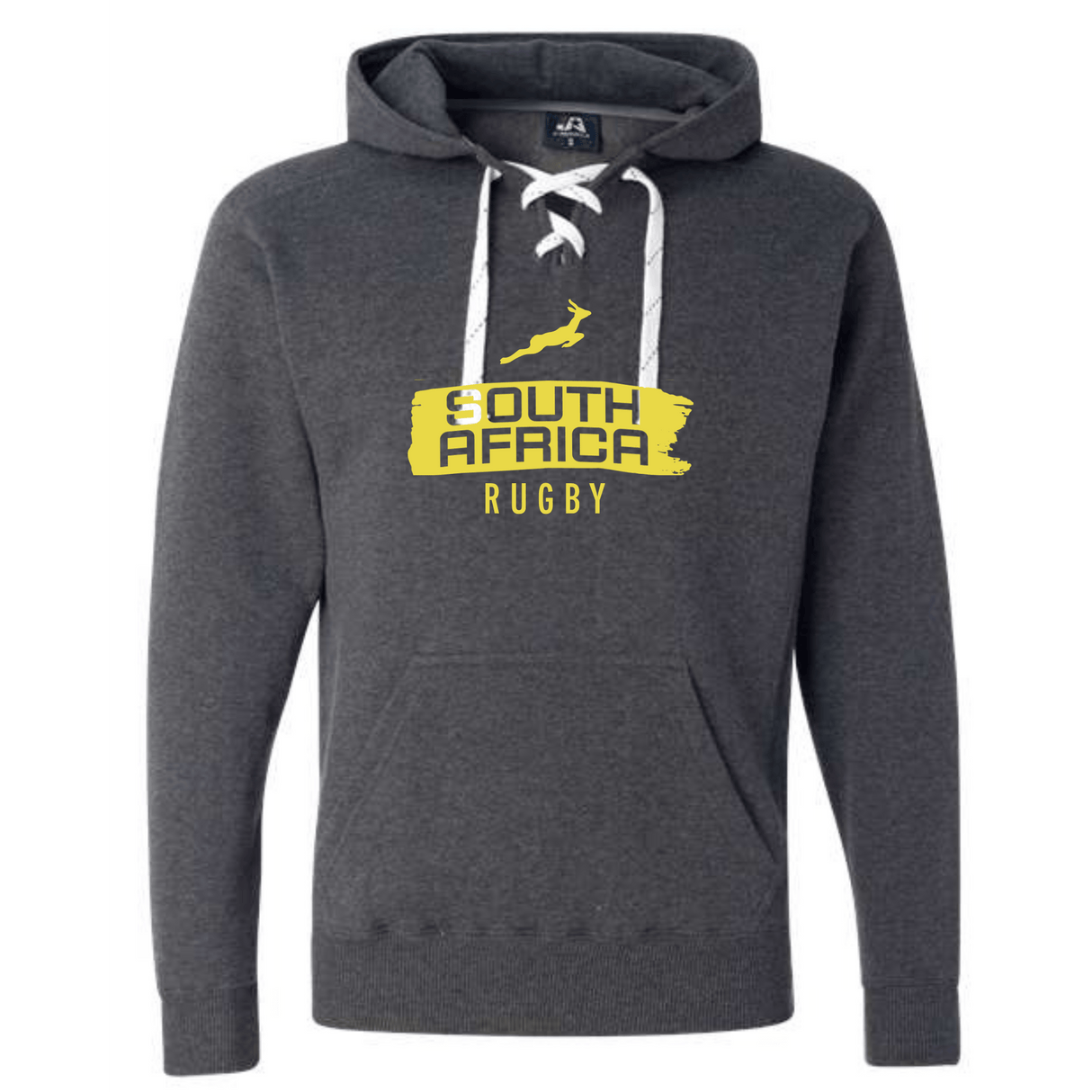 The WRS S&S Activewear Nations of Rugby South Africa Brush Stroke Hockey Hoodie 24 is a dark gray hoodie with white laces and a yellow "South Africa Rugby" logo with a map outline on the front.