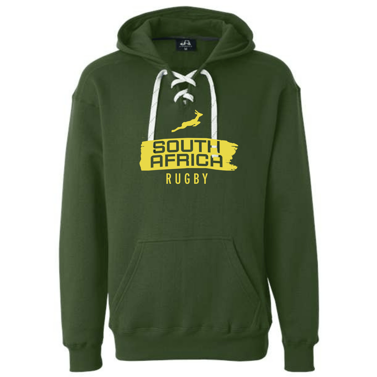 The WRS S&S Activewear Nations of Rugby South Africa Brush Stroke Hockey Hoodie 24 is green with white drawstrings, "South Africa Rugby" text, a yellow brushstroke graphic, and a small map outline on the chest.
