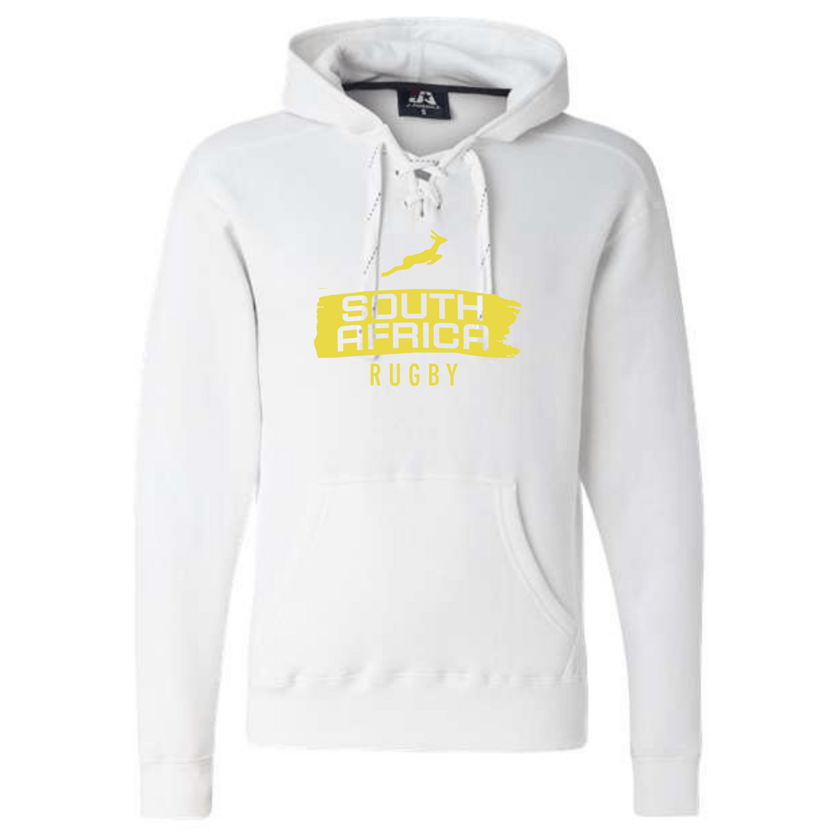 The WRS S&S Activewear Nations of Rugby South Africa Brush Stroke Hockey Hoodie 24 features a white lace-up design and displays a yellow "South Africa Rugby" logo with the country's outline on the chest.