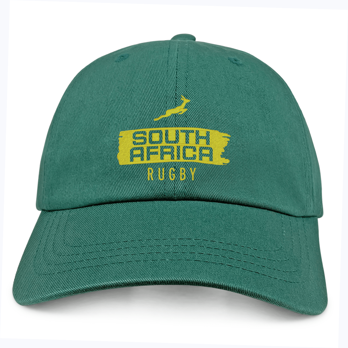 Show your support with the Nations of Rugby South Africa Brush Stroke Dad Cap by EMB S&S Activewear, featuring an embroidered yellow springbok and "South Africa Rugby" logo on the front. Perfect for fans!.
