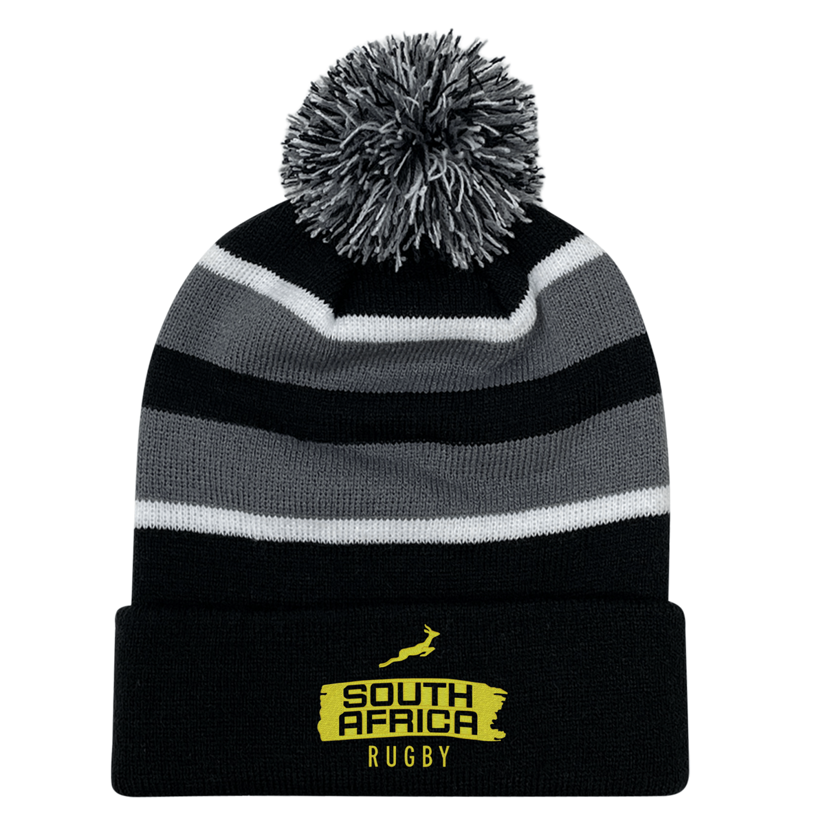 The EMB Augusta Nations of Rugby South Africa Brush Stroke Hooped Pom-Pom Beanie features black and gray stripes, a pom-pom top, and a "South Africa Rugby" logo—perfect for any Springboks fan.