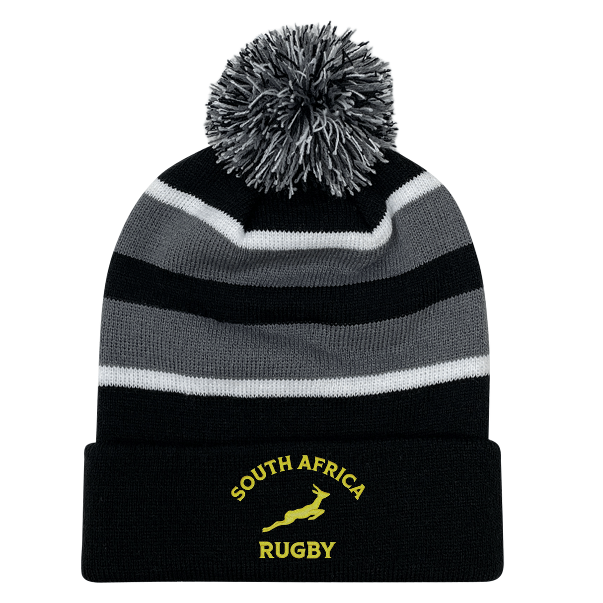The EMB Augusta Nations of Rugby South Africa Hooped Pom-Pom Beanie features black, grey, and white stripes, a pom-pom top, "South Africa Rugby" text, and a yellow Springbok logo on the cuff—perfect for fans.