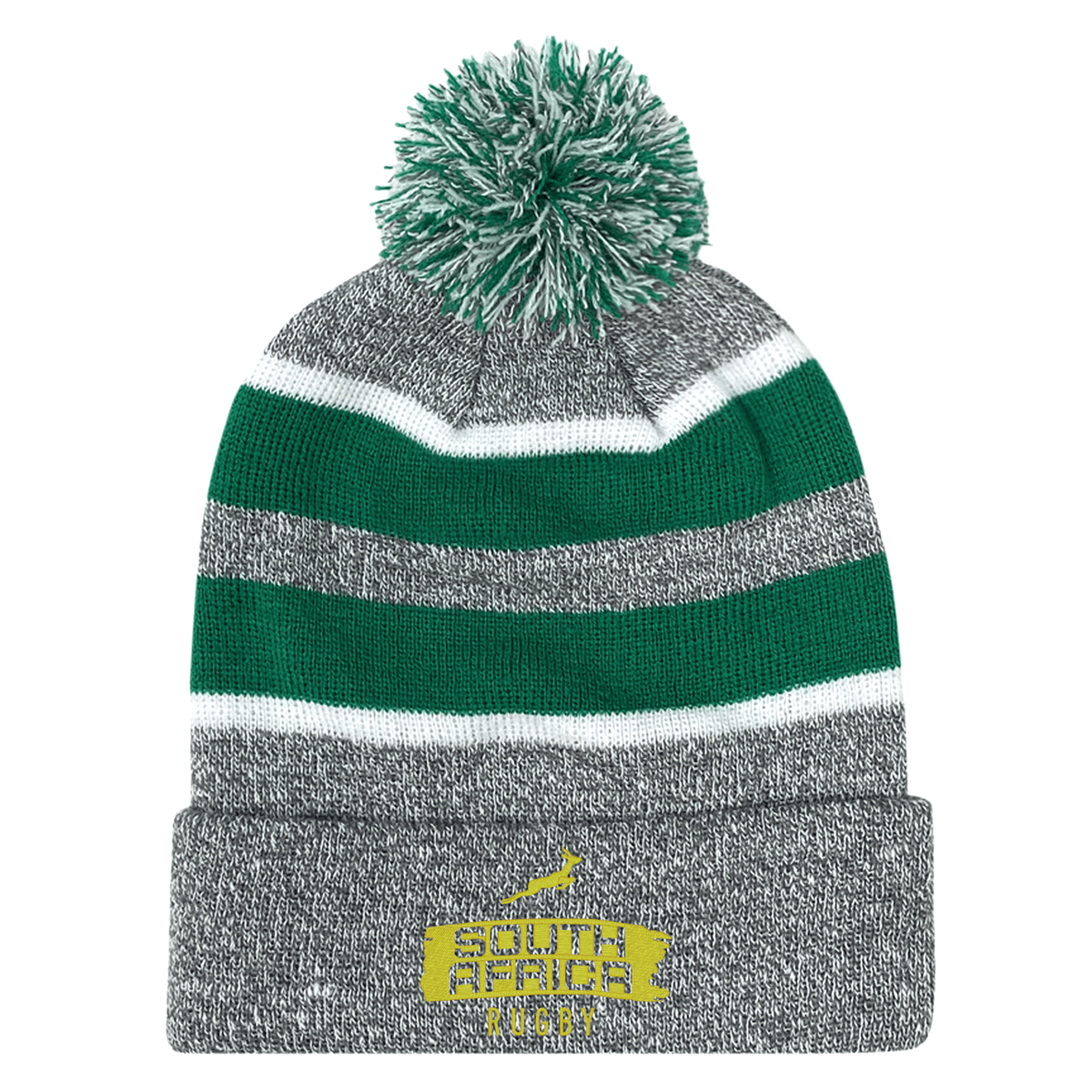 The EMB Augusta Nations of Rugby South Africa Brush Stroke Hooped Pom-Pom Beanie features gray, green, and white knit with a top pom-pom and "South Africa Rugby" embroidered in yellow—a perfect supporter accessory.