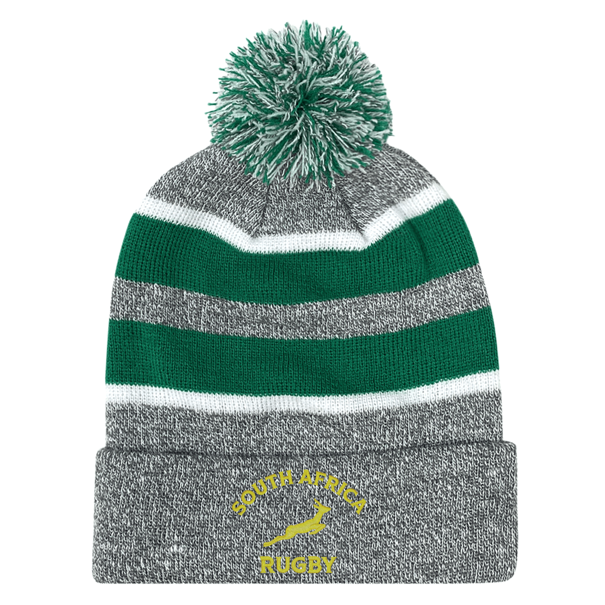 The EMB Augusta Nations of Rugby South Africa Hooped Pom-Pom Beanie features green, white, and grey stripes, a pom-pom top, and "South Africa Rugby" text with a map graphic on the front—ideal for any South African rugby supporter.