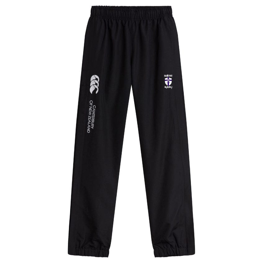 The St. Augustine High School Cuffed Hem Stadium Pants by EMB Canterbury come in black and feature a white logo on the left leg, incorporating "Canterbury of New Zealand," along with an emblem reading "England Rugby League." These pants combine comfort and style, making them perfect for rugby enthusiasts.