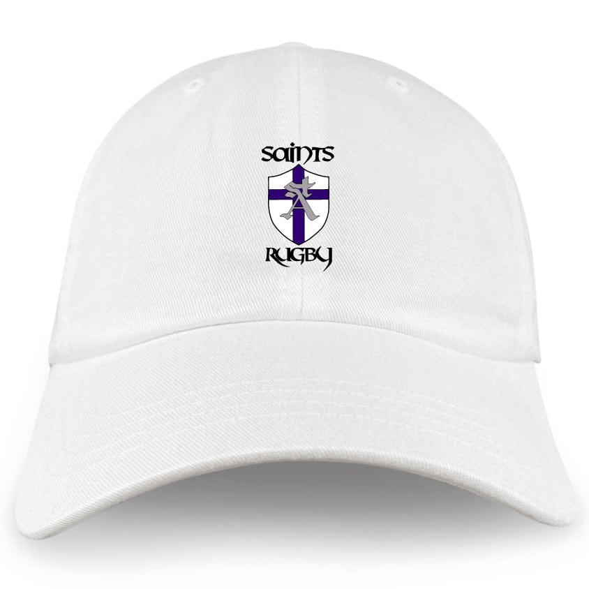 The EMB S&S Activewear St. Augustine High School Adult Low-Profile Cotton Twill Dad Cap features a purple and white shield with cross and sword embroidery, plus "Saints Rugby" text above and below the logo.