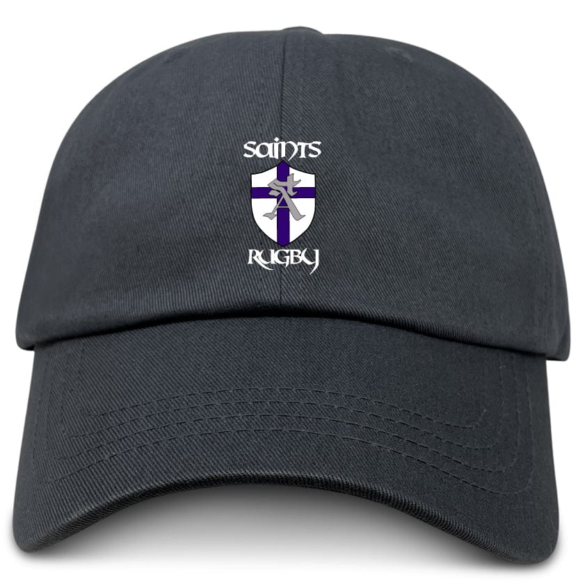 The EMB S&S Activewear St. Augustine High School Adult Low-Profile Cotton Twill Dad Cap is black with an embroidered “Saints Rugby” logo and a purple and white shield and cross on the front.