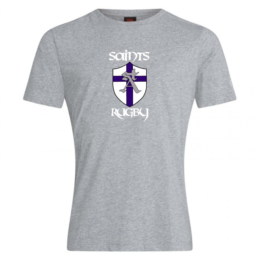 The St. Augustine High School Club Plain Tee by EMB Canterbury features "Saints Rugby" text and a shield logo with a purple cross and helmet, crafted from a premium cotton-heavy blend for comfort. Perfect for fans who want customization options or appreciate the classic feel of a CCC Club Plain T-shirt.
