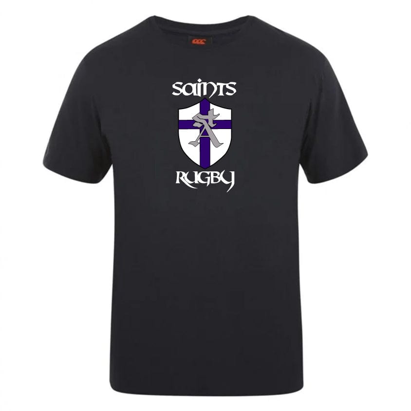 Discover the St. Augustine High School Club Plain Tee by EMB Canterbury, a black T-shirt made from a premium cotton-heavy blend. It showcases a "Saints Rugby" design with an emblem of a shield and cross in white and purple, offering customizable options.