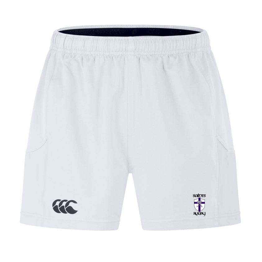 Experience ultimate performance with the St. Augustine High School Advantage Short 2.0 by EMB Canterbury—white sports shorts featuring an elastic waistband, side pockets, and embroidered logos: a black EMB Canterbury logo on the left leg and a purple "Saints Rugby" emblem on the right.