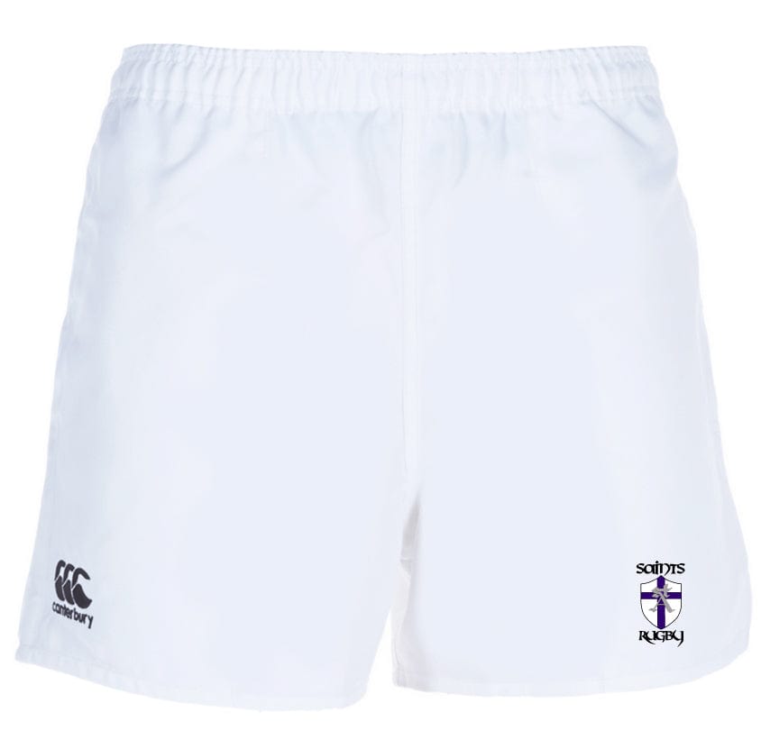 St. Augustine High School Advantage Rugby Shorts by EMB Canterbury are white with an elastic waistband, showcasing the "Canterbury" logo on the left and the "Saints Rugby" emblem on the right. These shorts are designed for superior moisture management.