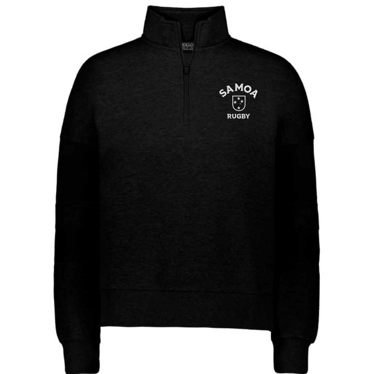 The EMB Augusta Women's Nations of Rugby Samoa Jackson Way Pullover is a black cropped quarter-zip fleece with a white "Samoa Rugby" logo and shield emblem on the left chest.