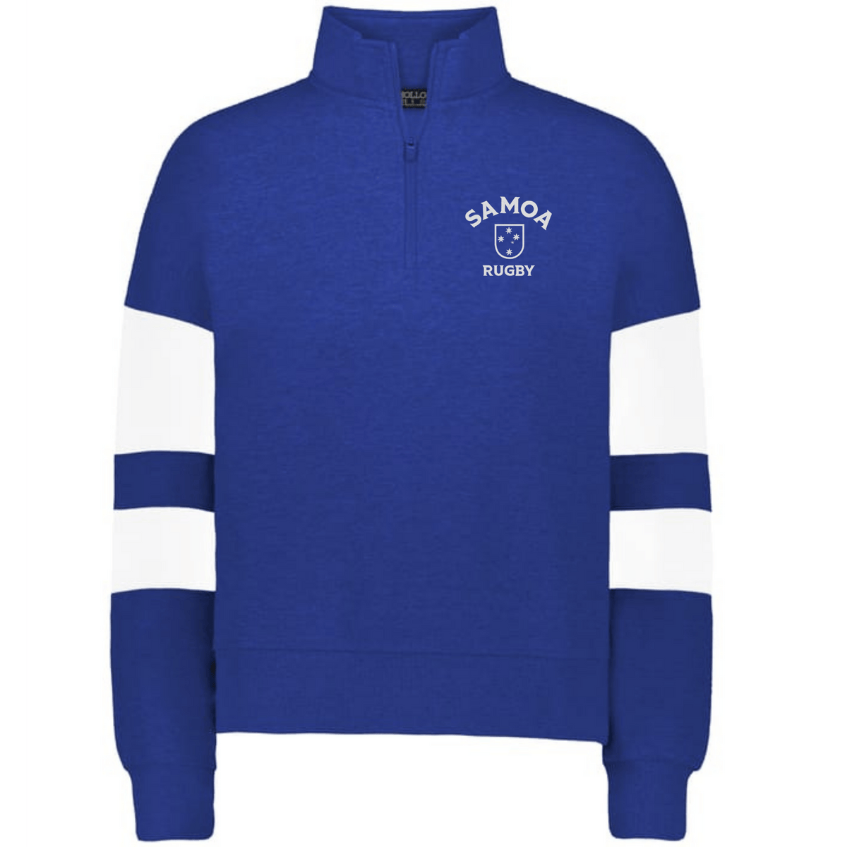 The EMB Augusta Women's Nations of Rugby Samoa Jackson Way Pullover features a blue fleece with white sleeve stripes and a "SAMOA RUGBY" shield logo on the left chest, combining sporty style and comfort for showing your team pride.