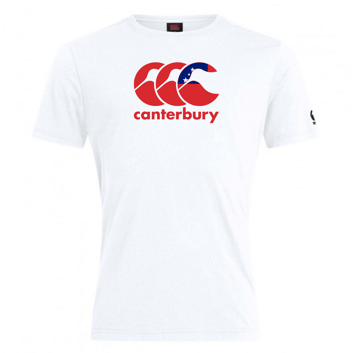 The Canterbury Samoa CCC Flag Club T-Shirt by WRS Canterbury is a white tee displaying a red and blue logo with a wave design, made from a comfy cotton blend.