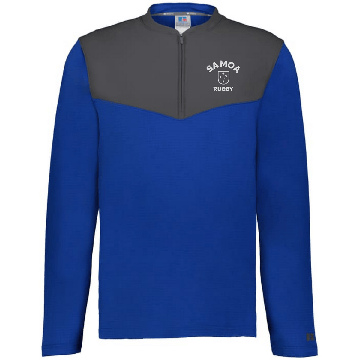 The EMB Augusta Nations of Rugby Samoa Sideline Grid 1/4 Zip Pullover features a blue body, gray chest panel, quarter-zip fleece design, and "Samoa Rugby" shield logo—ideal supporter apparel.