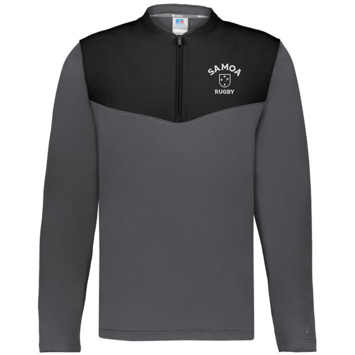 The EMB Augusta Nations of Rugby Samoa Sideline Grid 1/4 Zip Pullover is a grey and black fleece with "SAMOA RUGBY" and a rugby ball logo in white on the left chest—ideal for passionate rugby fans.