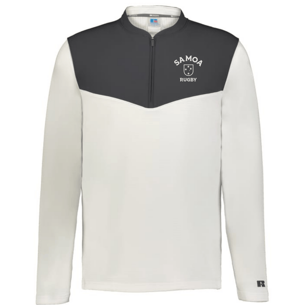 The EMB Augusta Nations of Rugby Samoa Sideline Grid 1/4 Zip Pullover features a dark gray upper and white lower section with "SAMOA RUGBY" text and logo on the left chest—ideal for Samoa rugby fans.