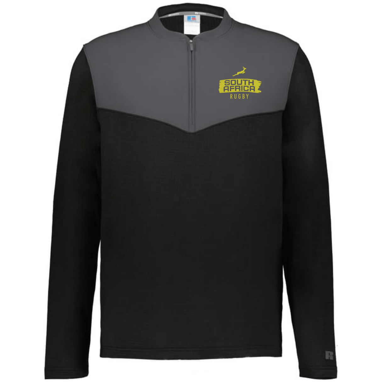 The EMB Augusta Nations of Rugby South Africa Swoosh Sideline Grid 1/4 Zip Pullover is a black and grey long-sleeve pullover with a yellow "South Africa Rugby" logo on the left chest.