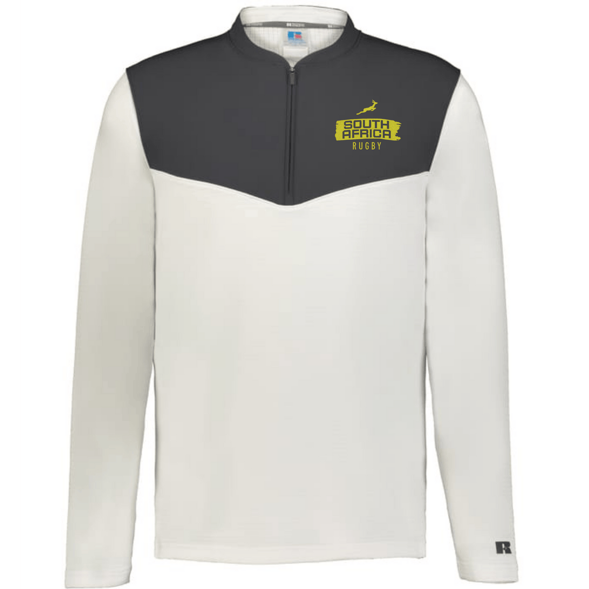 The EMB Augusta Nations of Rugby South Africa Swoosh Sideline Grid 1/4 Zip Pullover features long sleeves, a dark grey and white colorblock, a "South Africa Rugby" left chest logo, and a short front zipper.