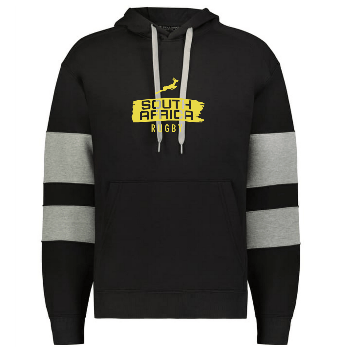 Show your team pride with the Nations of Rugby South Africa Swoosh Jackson Way Hoodie by WRS Augusta, featuring black fabric, grey sleeve stripes, and bold yellow "South Africa Rugby" lettering—ideal for every fan.
