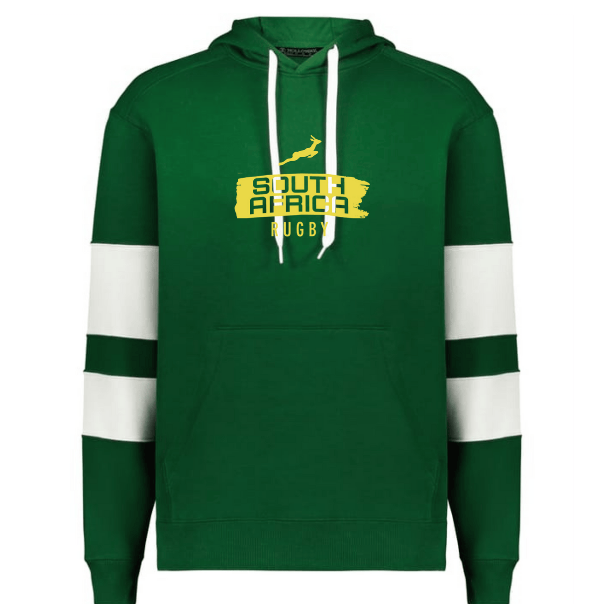 Show your support with the Nations of Rugby South Africa Swoosh Jackson Way Hoodie by WRS Augusta—green with white sleeve stripes, “South Africa Rugby” text, and a yellow springbok. Ideal fan gear!.