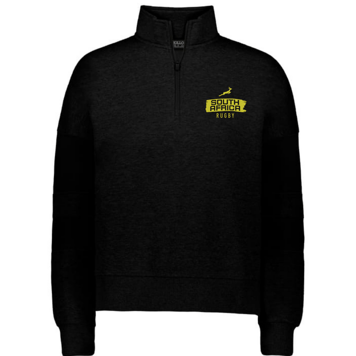The EMB Augusta Women's Nations of Rugby South Africa Swoosh Jackson Way Pullover is a black quarter-zip featuring a yellow "South Africa Rugby" logo on the left chest.