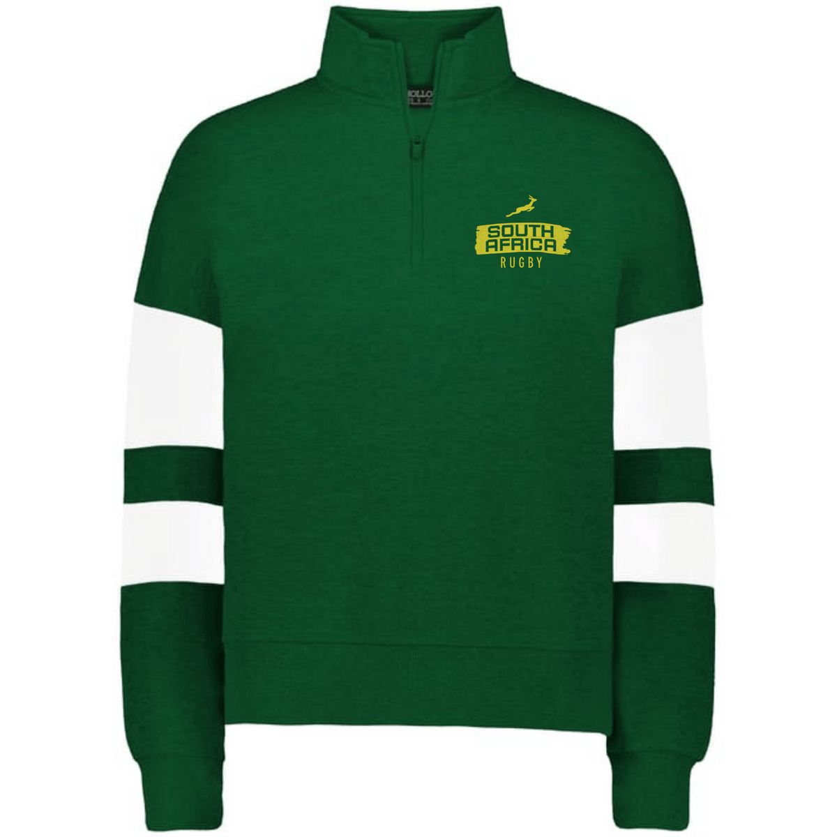 Show your team spirit with the EMB Augusta Women's Nations of Rugby South Africa Swoosh Jackson Way Pullover—a green rugby sweatshirt with white sleeve stripes and a yellow "South Africa Rugby" logo on the chest.