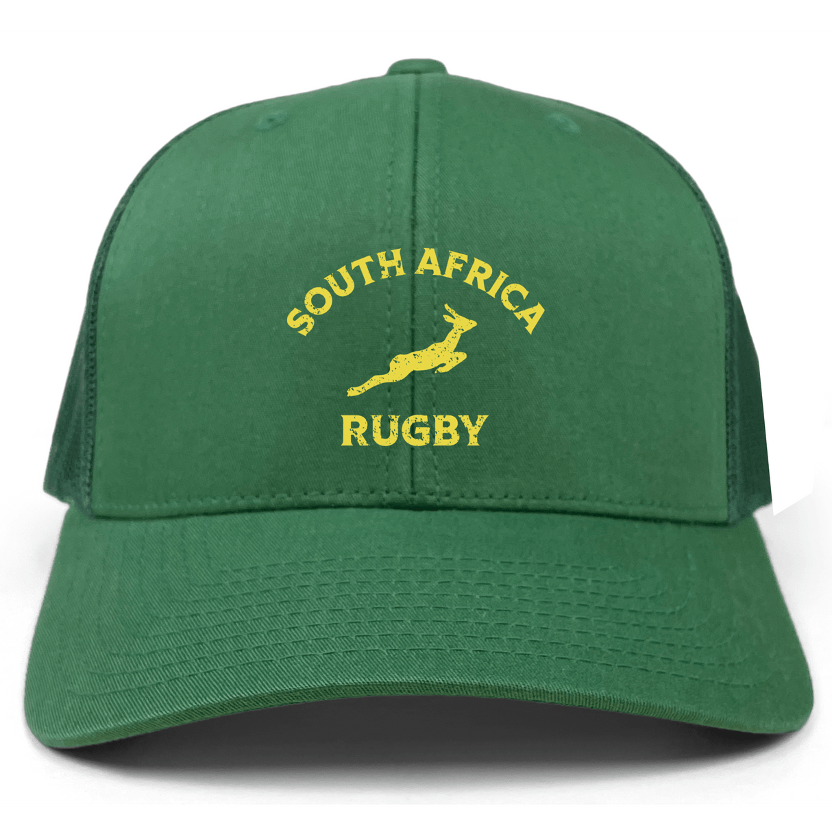 The Nations of Rugby South Africa Retro Trucker Cap by EMB S&S Activewear features "South Africa Rugby" and a yellow springbok logo embroidered on the front, plus a snapback closure.