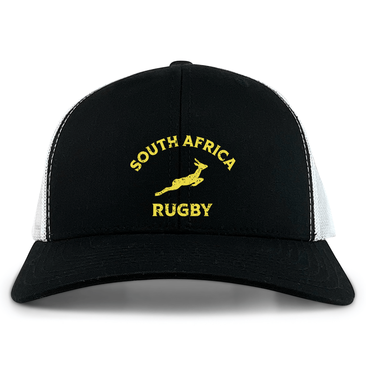 The EMB S&S Activewear Nations of Rugby South Africa Retro Trucker Cap features "South Africa Rugby" and a yellow springbok logo on the front, with a black and white design and adjustable snapback closure.