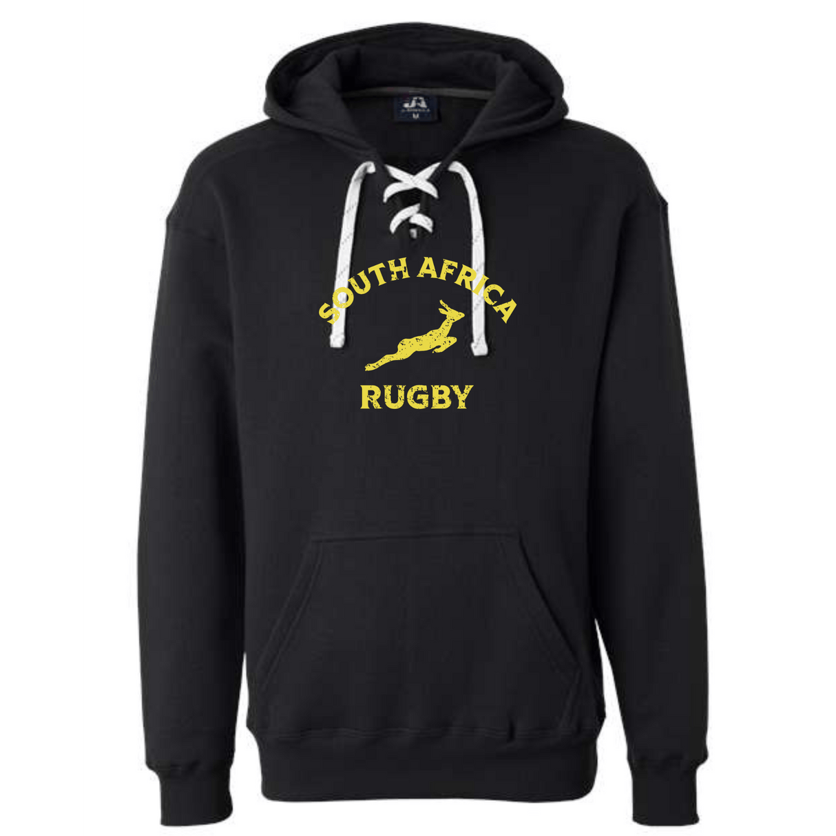 Show your pride in the Nations of Rugby South Africa Rugby Hockey Hoodie 24 by WRS S&S Activewear, featuring a white lace-up neckline, front pocket, and yellow "South Africa Rugby" text with a springbok graphic—perfect for true fans.