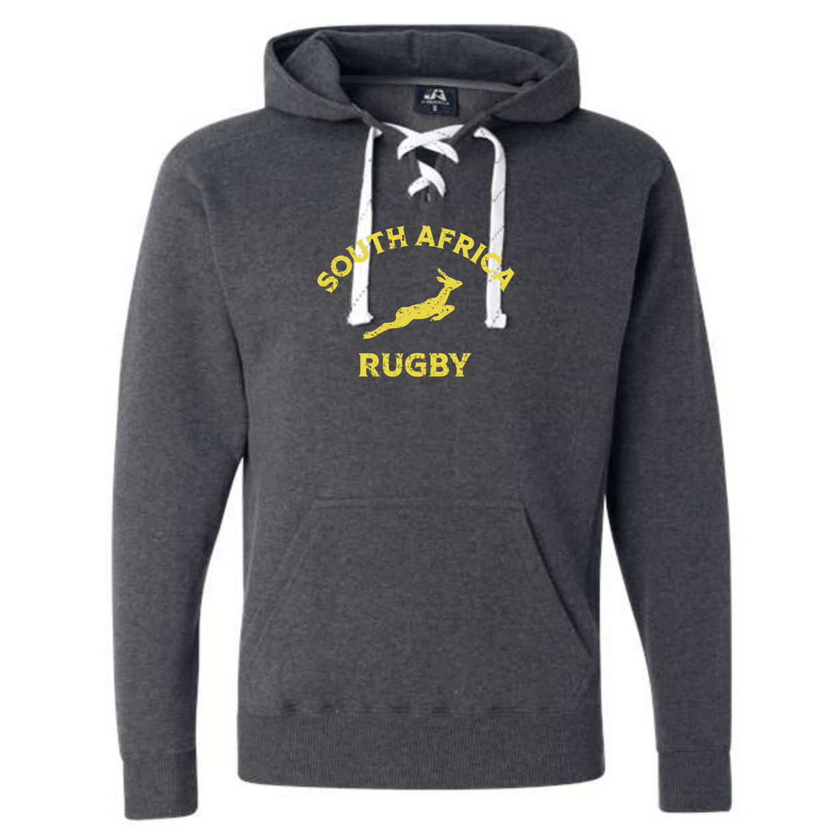 The WRS S&S Activewear Nations of Rugby South Africa Rugby Hockey Hoodie 24 is a dark grey hoodie with white drawstrings, yellow "South Africa Rugby" text, and a leaping springbok—ideal Supporters Apparel for fans.