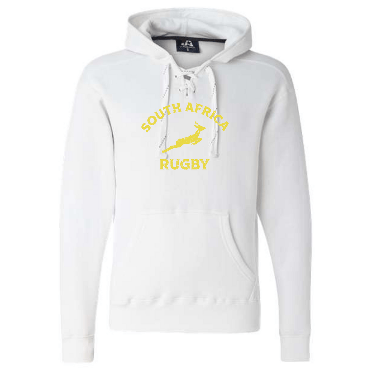The Nations of Rugby South Africa Rugby Hockey Hoodie 24 by WRS S&S Activewear is a white hoodie with laces, yellow "SOUTH AFRICA RUGBY" text, and a leaping antelope—ideal Supporters Apparel for fans.