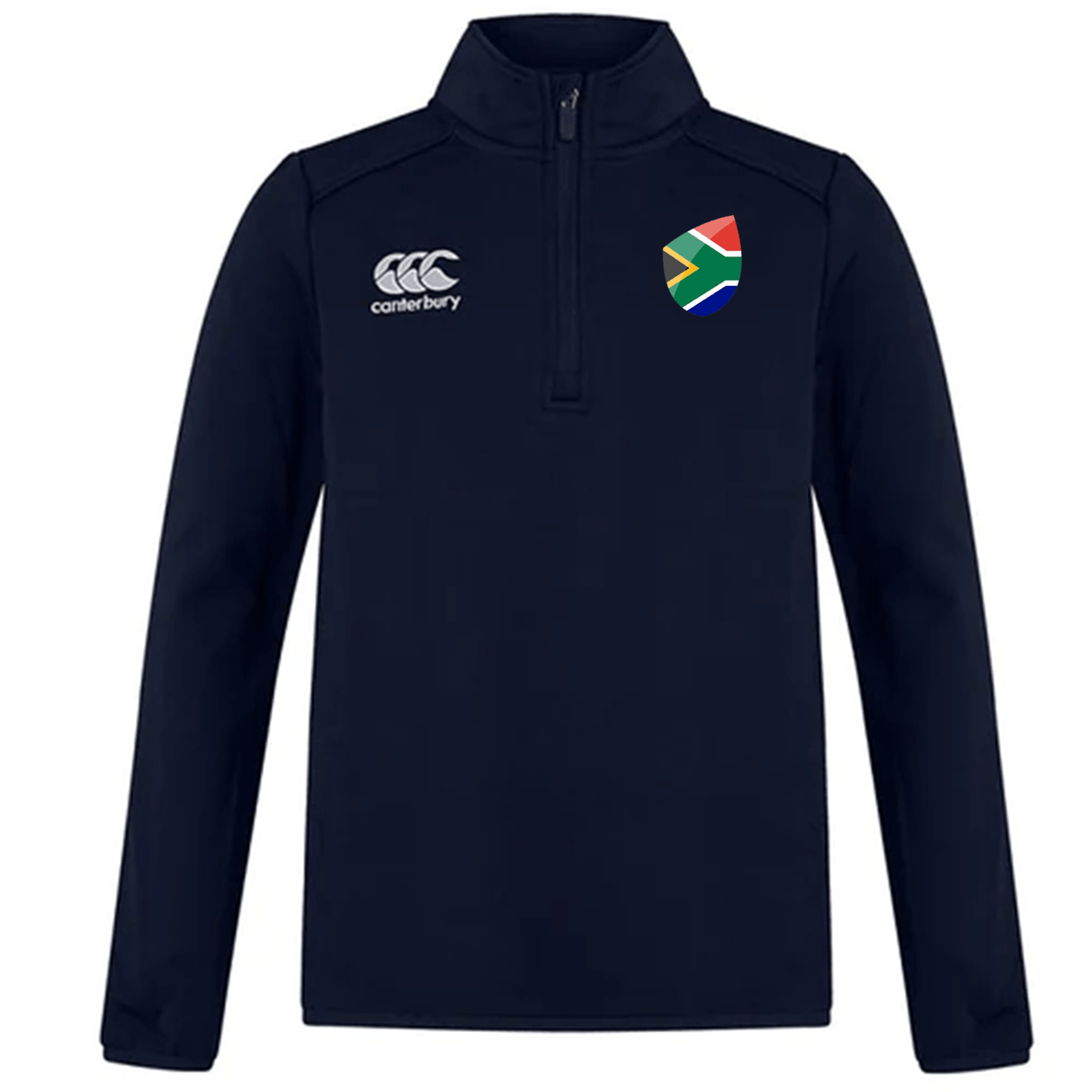 The South Africa Club Shield 1/4 Zip Training Top by EMB Canterbury is a navy rugby jacket featuring a quarter-zip, the iconic Canterbury logo on the left, a South African flag shield on the right, and made from bonded fleece for warmth and comfort.