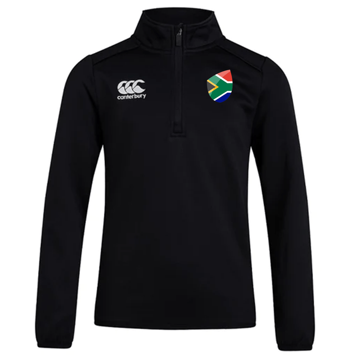 This sleek black South Africa Club Shield 1/4 Zip Training Top by EMB Canterbury features long sleeves, a half-zip, the iconic logo, and a South African flag insignia on the chest.
