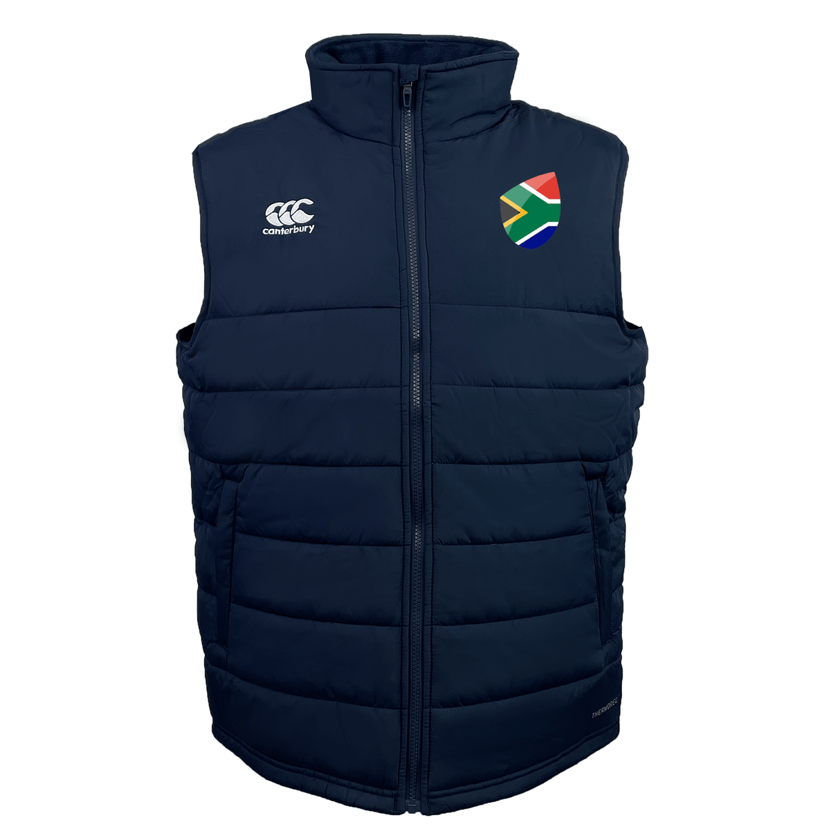 Navy South Africa Shield Core Gilet by EMB Canterbury, featuring a South African flag patch, Canterbury logo on the chest, and Thermoreg insulation for warmth.