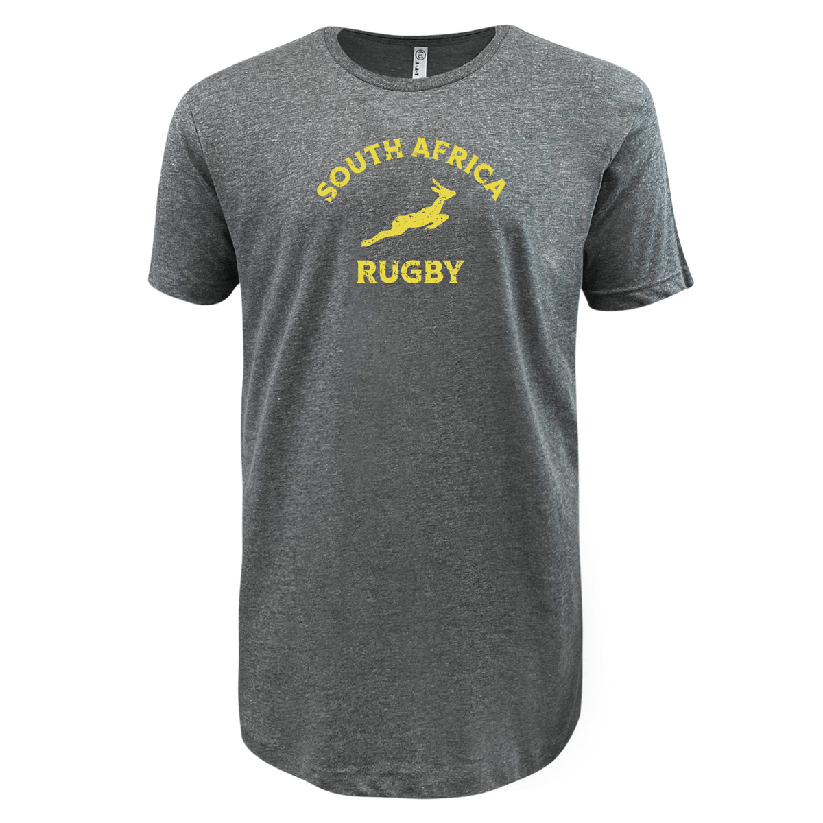 Gray lightweight shirt with "Nations of Rugby South Africa Rugby Supersoft Tee 24" text and a yellow map of South Africa by WRS LAT.