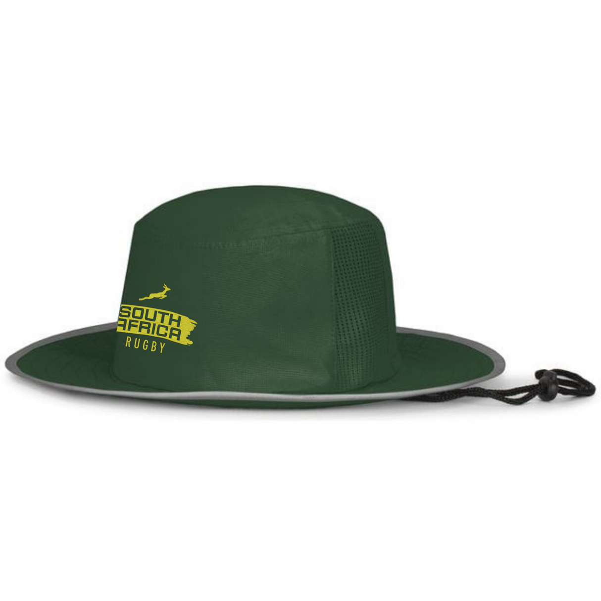 The EMB Augusta Nations of Rugby South Africa Brush Stroke Boonie Hat features mesh panels, a chin cord, and a yellow springbok logo—perfect supporter gear for any rugby fan.