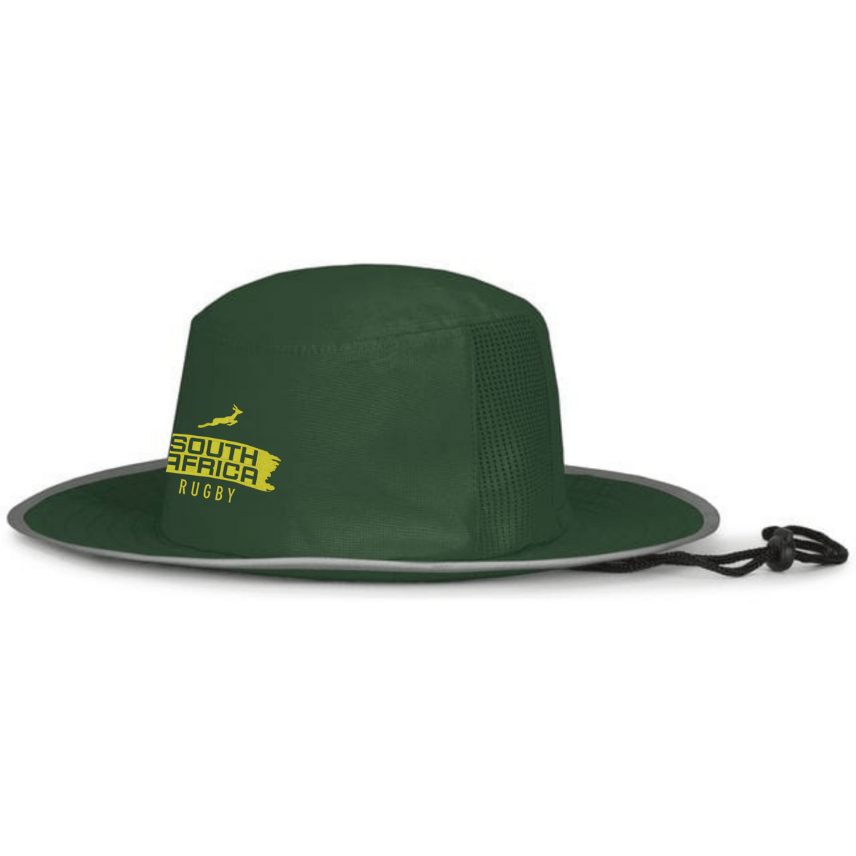 The EMB Augusta Nations of Rugby South Africa Brush Stroke Boonie Hat features mesh panels, a chin cord, and a yellow springbok logo—perfect supporter gear for any rugby fan.