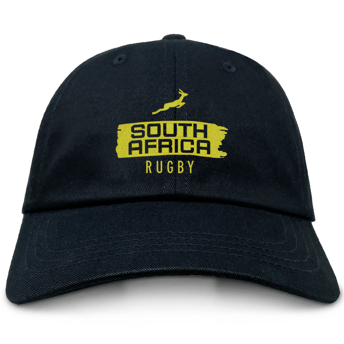 The EMB S&S Activewear Nations of Rugby South Africa Brush Stroke Dad Cap is a black dad cap with a yellow springbok and "South Africa Rugby" logo embroidered on the front—ideal for fans and collectors.